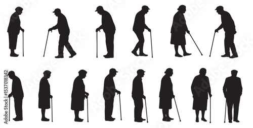 Silhouettes of elderly people with canes, various poses, black figures on white background