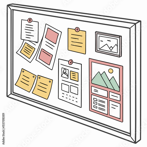 Colorful bulletin board with notes papers images and documents