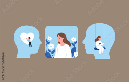 Mental health stages illustration depicting inner peace happiness and self love