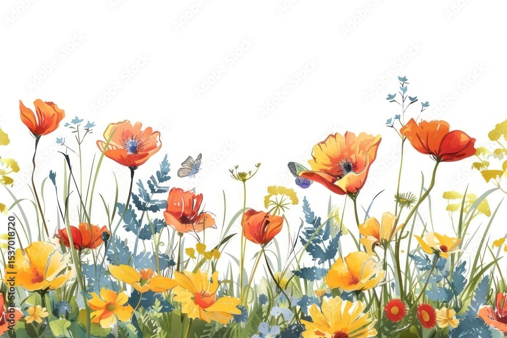 Fototapeta premium Vibrant wildflowers with butterflies