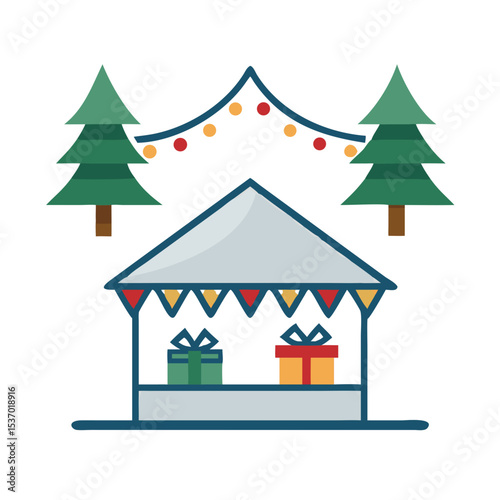 Festive christmas gift market stall with trees on white background