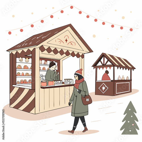 Woman walking past christmas market stalls selling baked goods