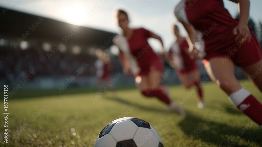 Fototapeta premium Close up of female soccer players in red uniforms running towards soccer ball on grassy field during match. sun sets in background, creating dynamic and energetic atmosphere