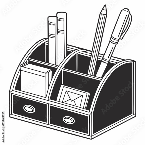 Wooden desk organizer with pencils pens and notepads