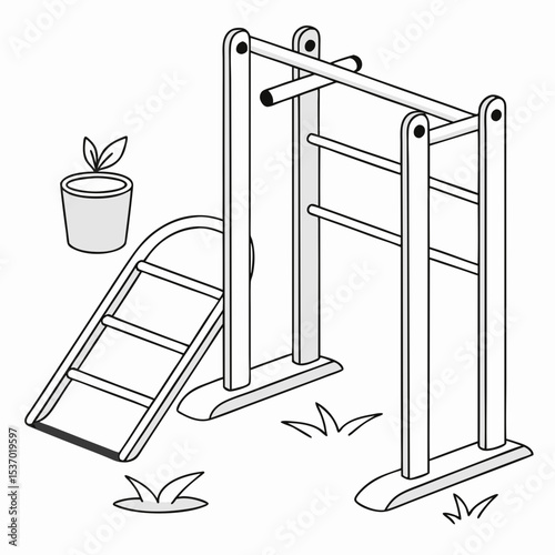 Wooden playground climbing frame with slide and plant pot