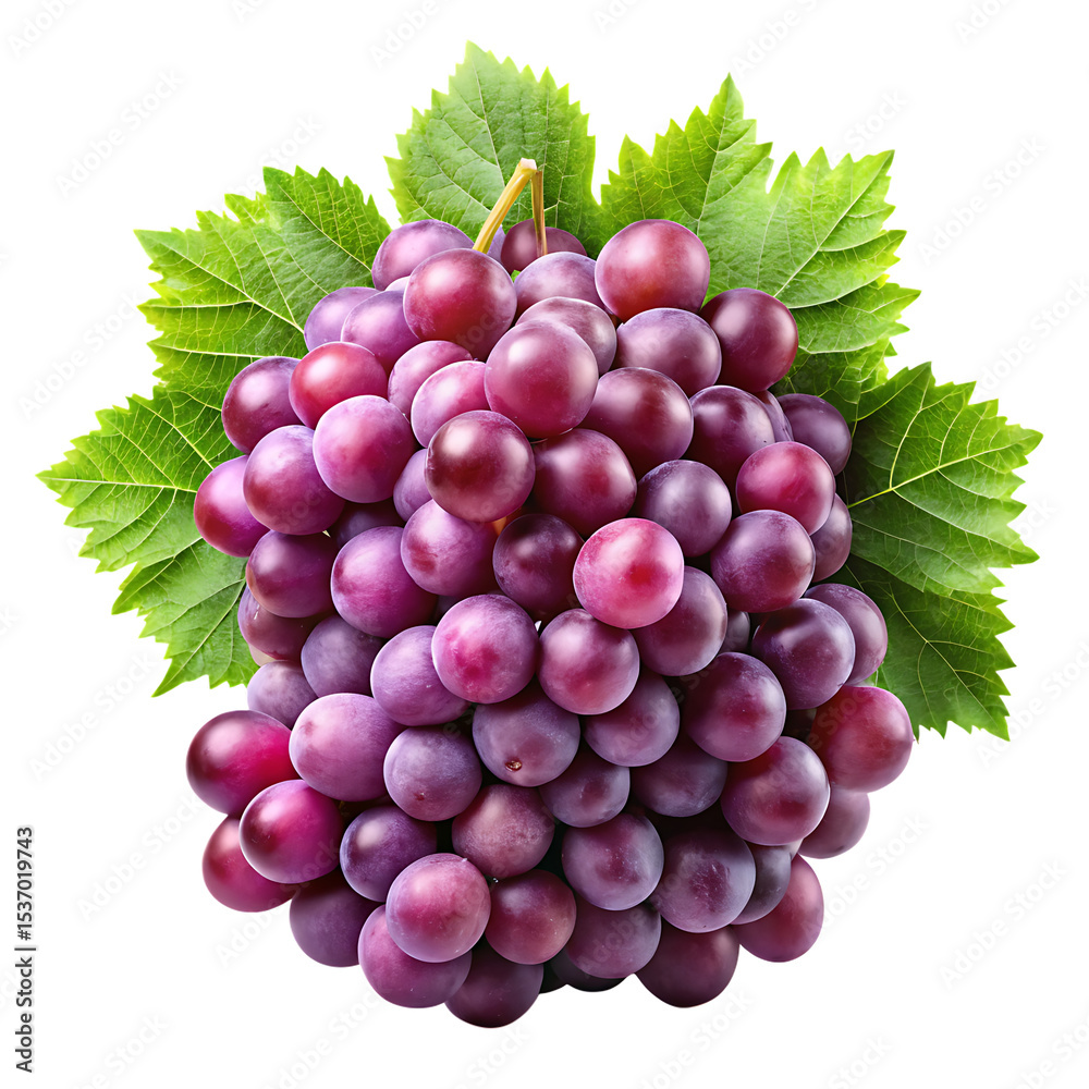 Fototapeta premium Plump bunch of purple grapes with a slight dewy shine, isolated on a white background PNG,AI GENERATED