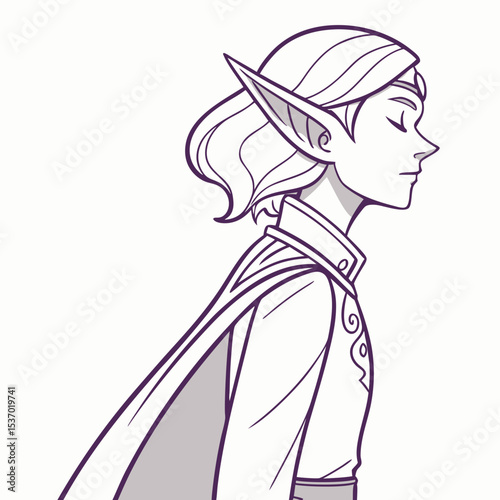 Elegant elf prince profile line art fantasy illustration