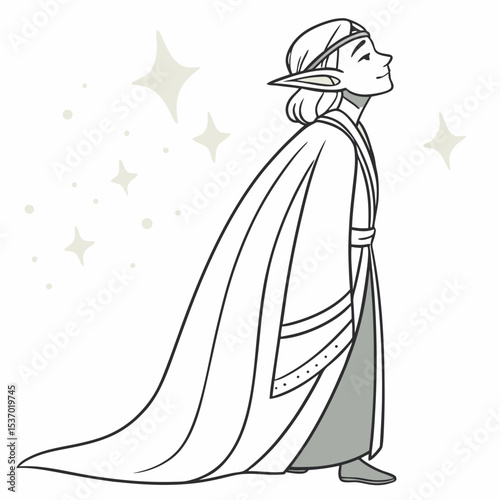 Elegant elf in flowing robe gazing at stars dreamy fantasy illustration
