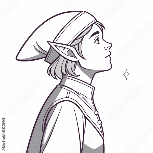 Elegant elf profile line art fantasy character illustration