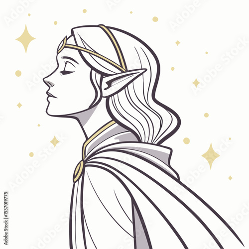 Serene elf woman profile line art magical fantasy illustration
