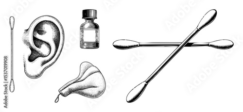 Vector Ear care featuring an ear cotton swabs ear drops and a gauze pad.