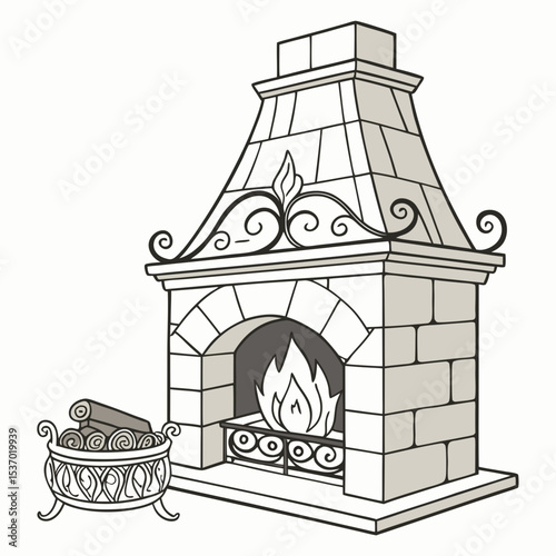 Elegant stone fireplace with ornate mantel and wood basket