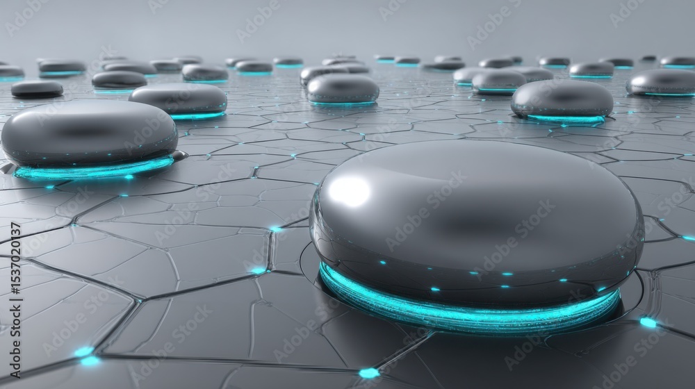 Fototapeta premium Futuristic scene with smooth metallic oval objects surrounded by glowing blue rings, hovering over a patterned hexagonal surface emitting soft blue light.