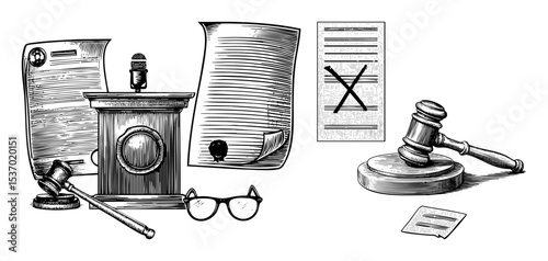 Vector Legal proceedings are represented by a gavel podium and documents.