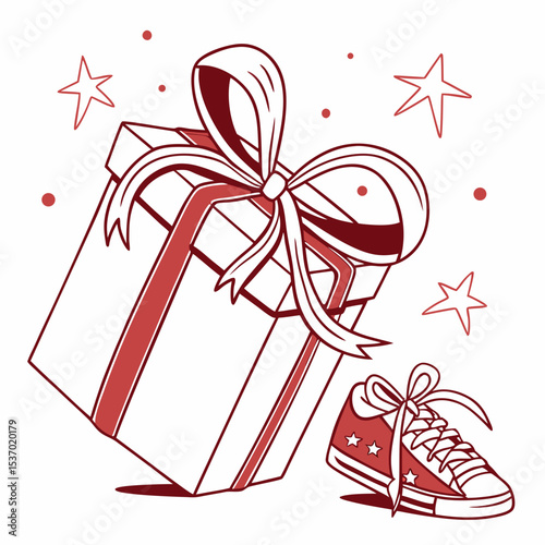 Gift box with red ribbon and stylish sneakers design
