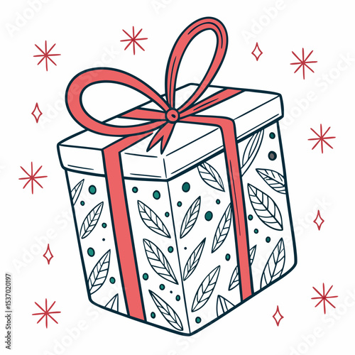 Festive gift box with red ribbon and leaf design