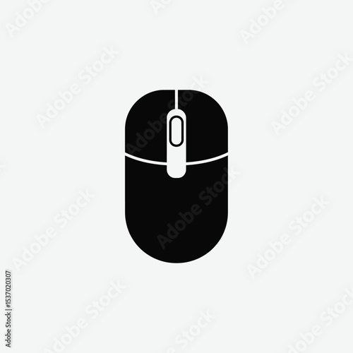 Download a clean, minimal black computer mouse icon in vector format. Features overhead view, scroll wheel, and sharp silhouette—ideal for tech, UI, and digital design projects.