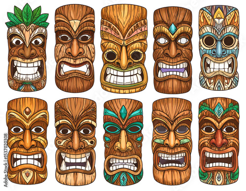Hawaiian Tribal Totem Faces in Wooden Tiki Style, Vector Art on Purple