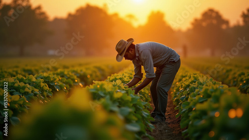 Farmer tending to crops at sunrise