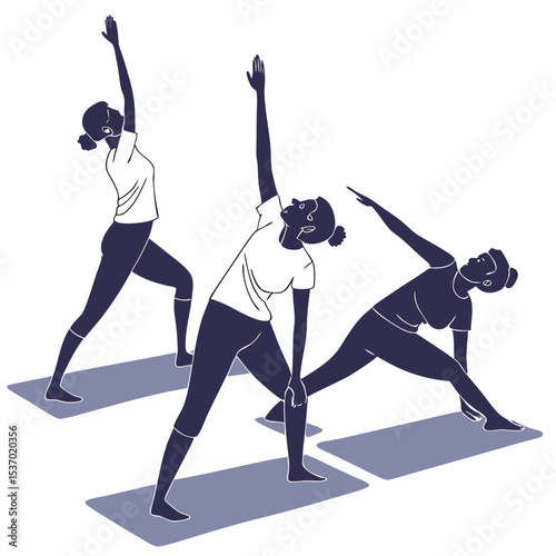 Three women practicing yoga triangle pose fitness exercise workout