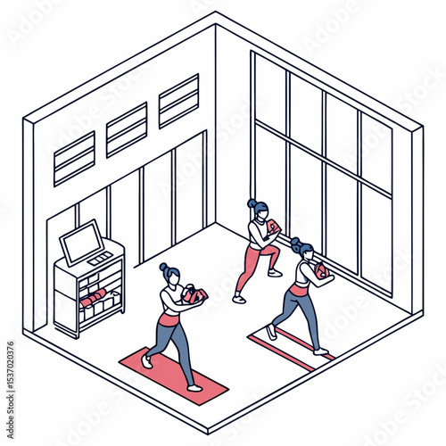 Women group fitness class isometric illustration gym workout