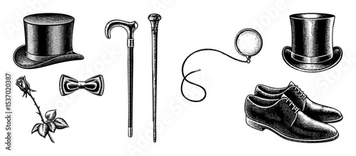 Vector Vintage gentlemans accessories collection featuring hats shoes and a pocket watch.