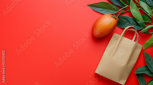 Paper shopping bag with fresh tropical fruit on vibrant red background