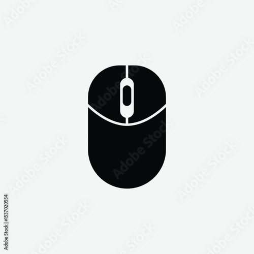 Download a clean, minimal black computer mouse icon in vector format. Features overhead view, scroll wheel, and sharp silhouette—ideal for tech, UI, and digital design projects.