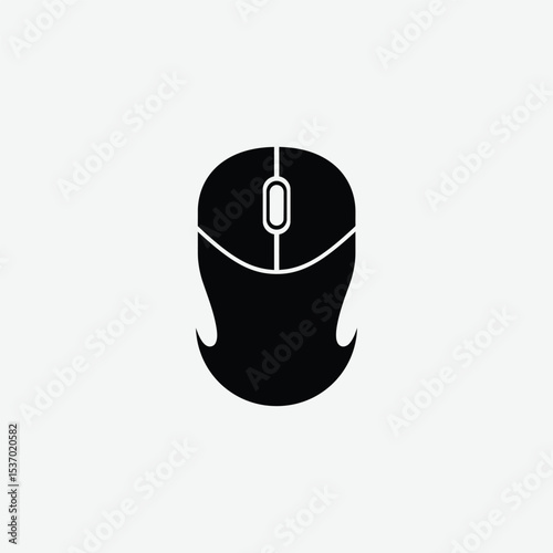 Download a clean, minimal black computer mouse icon in vector format. Features overhead view, scroll wheel, and sharp silhouette—ideal for tech, UI, and digital design projects.