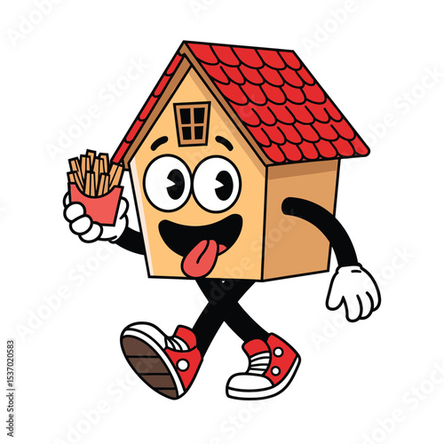 A playful cartoon of a house with human features, including big expressive eyes, a smiling mouth, and arms and legs. and is happily walking while holding a box of French fries in one hand