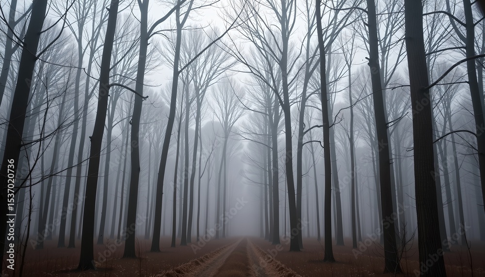 Naklejka premium foggy woodland scene with tall leafless trees partially obscured by morning mist — conveys quiet melancholy and peace