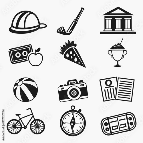 Black and white icons diverse collection various objects