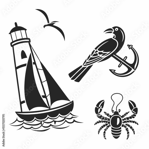 Nautical themed vector graphic sailboat lighthouse bird anchor crab