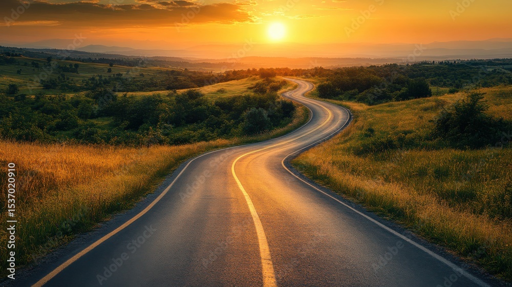 Naklejka premium Winding road sunset at countryside landscape photography nature scenic view peaceful environment