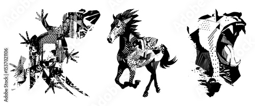 Vector Dynamic mythical creatures illustrations showcase stylized equine forms.