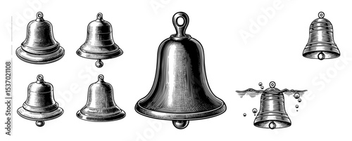 Vector Collection of vintage bells illustrated in a detailed engraving style.