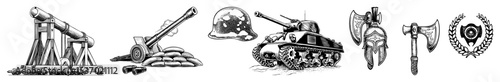 Vector Historical and modern weaponry illustrations depict a progression of warfare technology.
