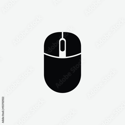 Download a clean, minimal black computer mouse icon in vector format. Features overhead view, scroll wheel, and sharp silhouette—ideal for tech, UI, and digital design projects.