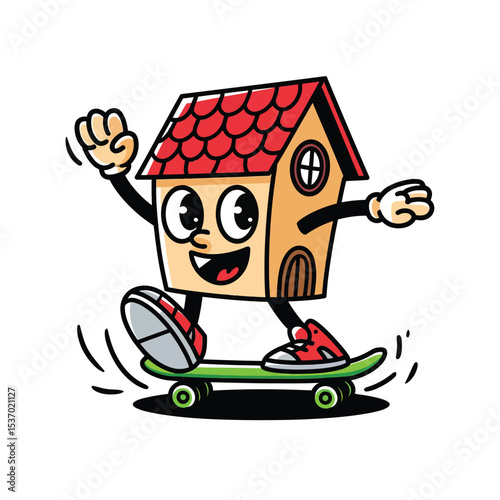 A playful cartoon house with a red roof and a cheerful face, happily skateboarding. The house has expressive, large eyes, a smiling mouth, and is wearing red sneakers.
