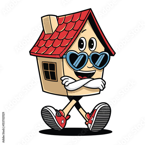 A cheerful cartoon house character with a red roof, wearing heart-shaped blue sunglasses, is walking with confidence.