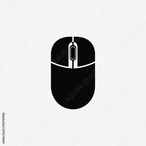 Download a clean, minimal black computer mouse icon in vector format. Features overhead view, scroll wheel, and sharp silhouette—ideal for tech, UI, and digital design projects.