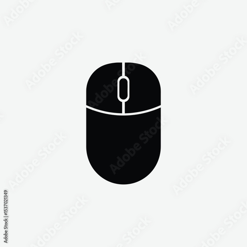 Download a clean, minimal black computer mouse icon in vector format. Features overhead view, scroll wheel, and sharp silhouette—ideal for tech, UI, and digital design projects.