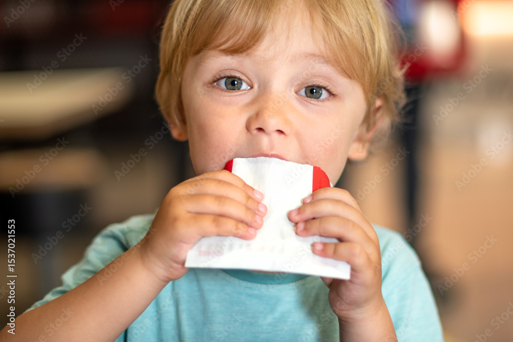 Young child enjoying fast food meal in a casual dining environment. Four year old boy happily eating in a restaurant. Kids diet, bad food choices, early junk food addiction Young child enjoying fast food meal in a casual dining environment. Four year old boy happily eating in a restaurant. Kids diet, bad food choices, early junk food addiction