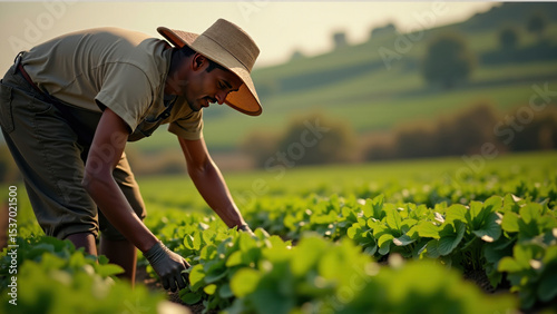 Farmer tending to crops