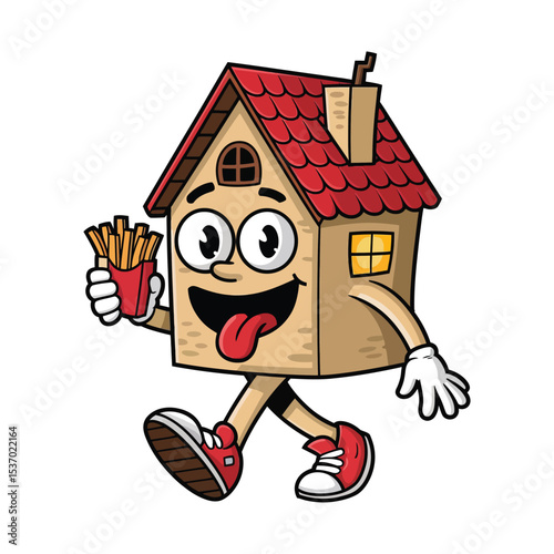 A playful cartoon of a house with human features, including big expressive eyes, a smiling mouth, and arms and legs. and is happily walking while holding a box of French fries in one hand