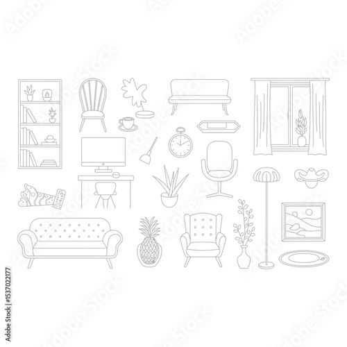 Outline drawing of assorted furniture and home decor items isolated on white