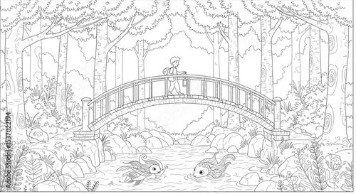 Serene Forest Bridge Coloring Page Tranquil Woodscape Illustration