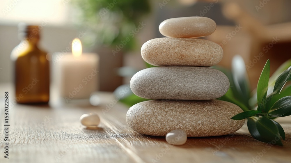 Obraz premium Meditative stone stacking indoor spa area wellness imagery tranquil environment close-up view mindfulness concept