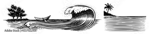 Vector large wave crests near a small boat and tropical shoreline.