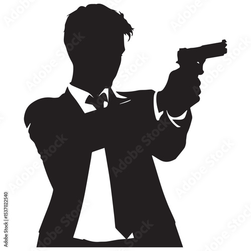Silhouette of a man in a suit aiming a gun